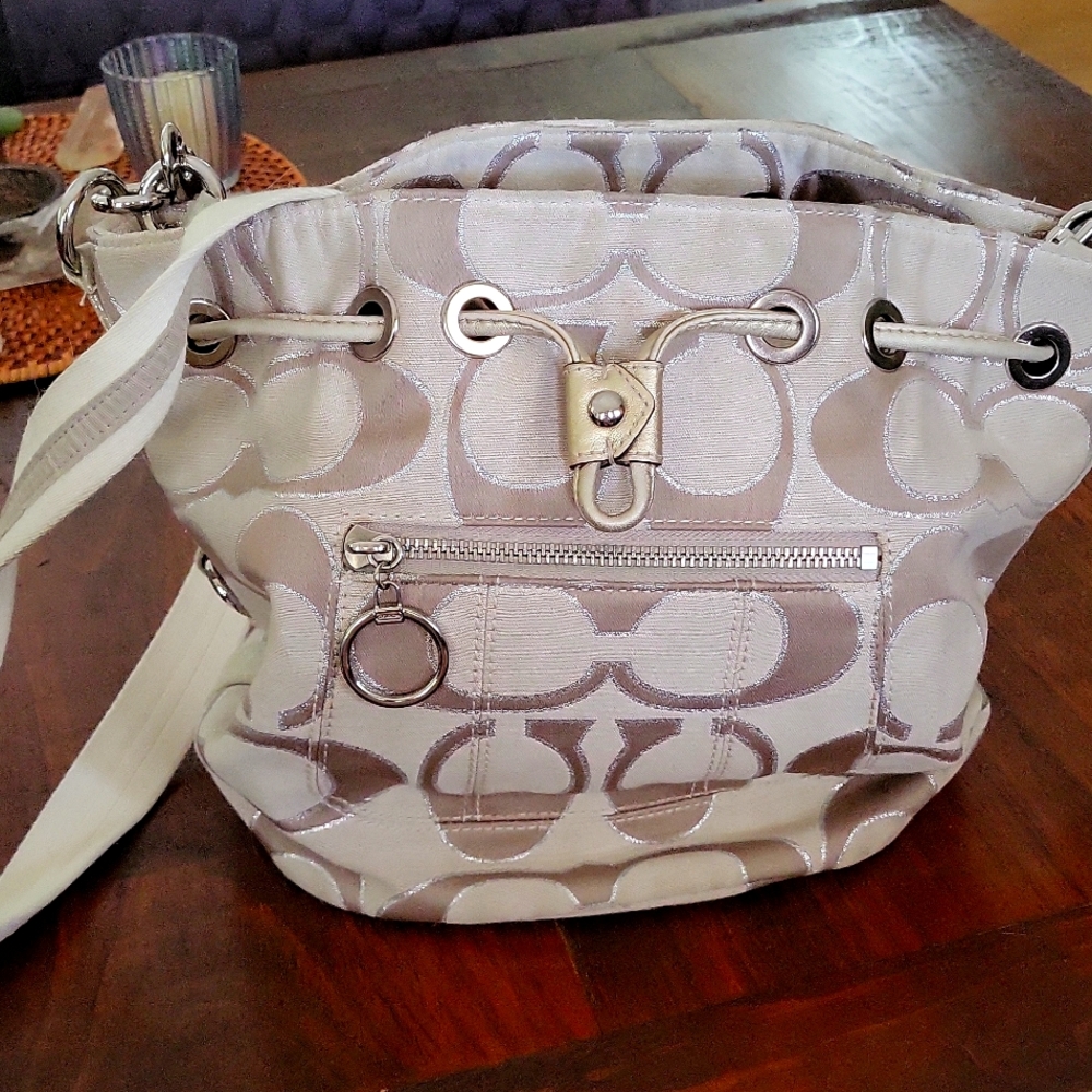 Coach Signature Poppy Drawstring Crossbody Bucket Bag - Tan/Cream - Picture 3 of 11